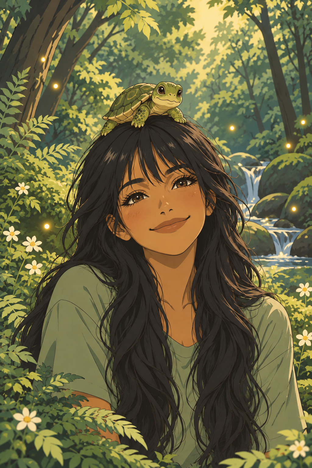 Anime illustration of Stel with brown skin, black hair and bangs, smiling beneath a small turtle perched on her head in a glowing forest