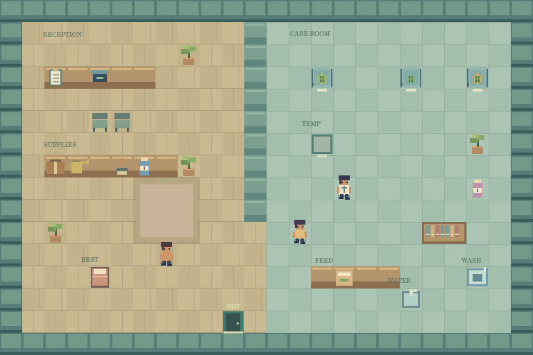 Pixel RPG rescue centre with staff, supplies, and turtle care tubs